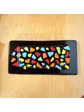 Abstract Geometric Trinket Display Fused Art Glass Rectangular Tray Dish 6 X 12